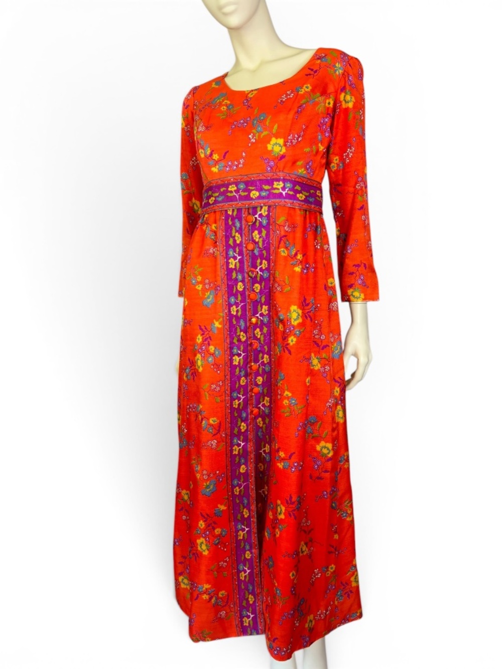 1970s‎ Floral Bohemian Asian Motif Maxi Dress with Contrast Panel & Waist Detail - Picture 5 of 7